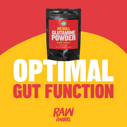 Close-up of Raw Barrel No Bull L-Glutamine Powder label