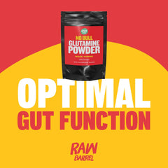 Close-up of Raw Barrel No Bull L-Glutamine Powder label