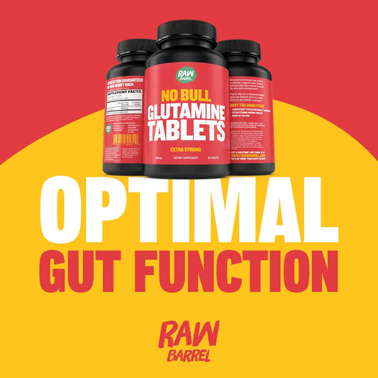Close-up of Raw Barrel No Bull L-Glutamine tablets