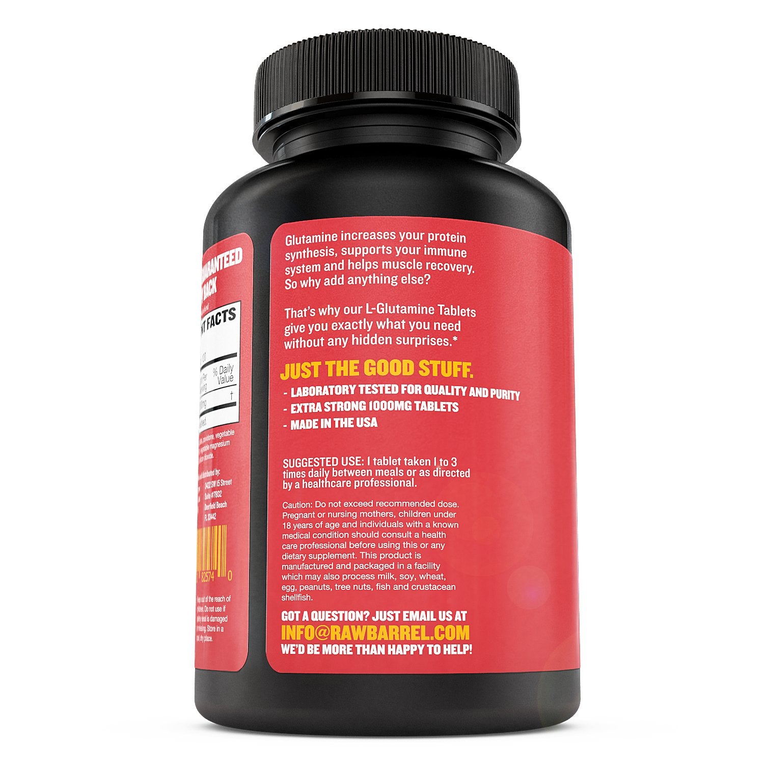 Serving size and directions label on Raw Barrel L-Glutamine packaging