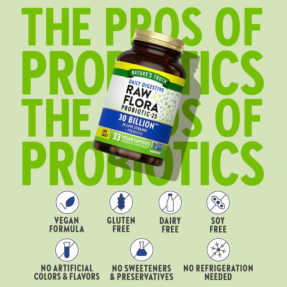 Raw Flora Probiotics label detailing 30 billion CFU and 25 strains