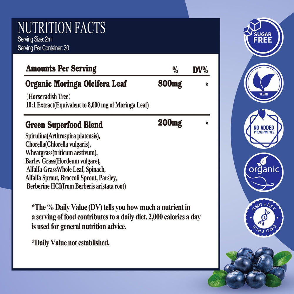 Front view of Raw Moringa Liquid Drops 8000 mg bottle