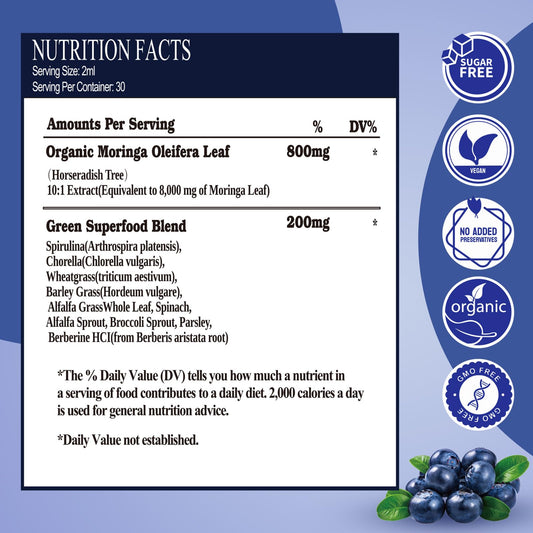 Front view of Raw Moringa Liquid Drops 8000 mg bottle