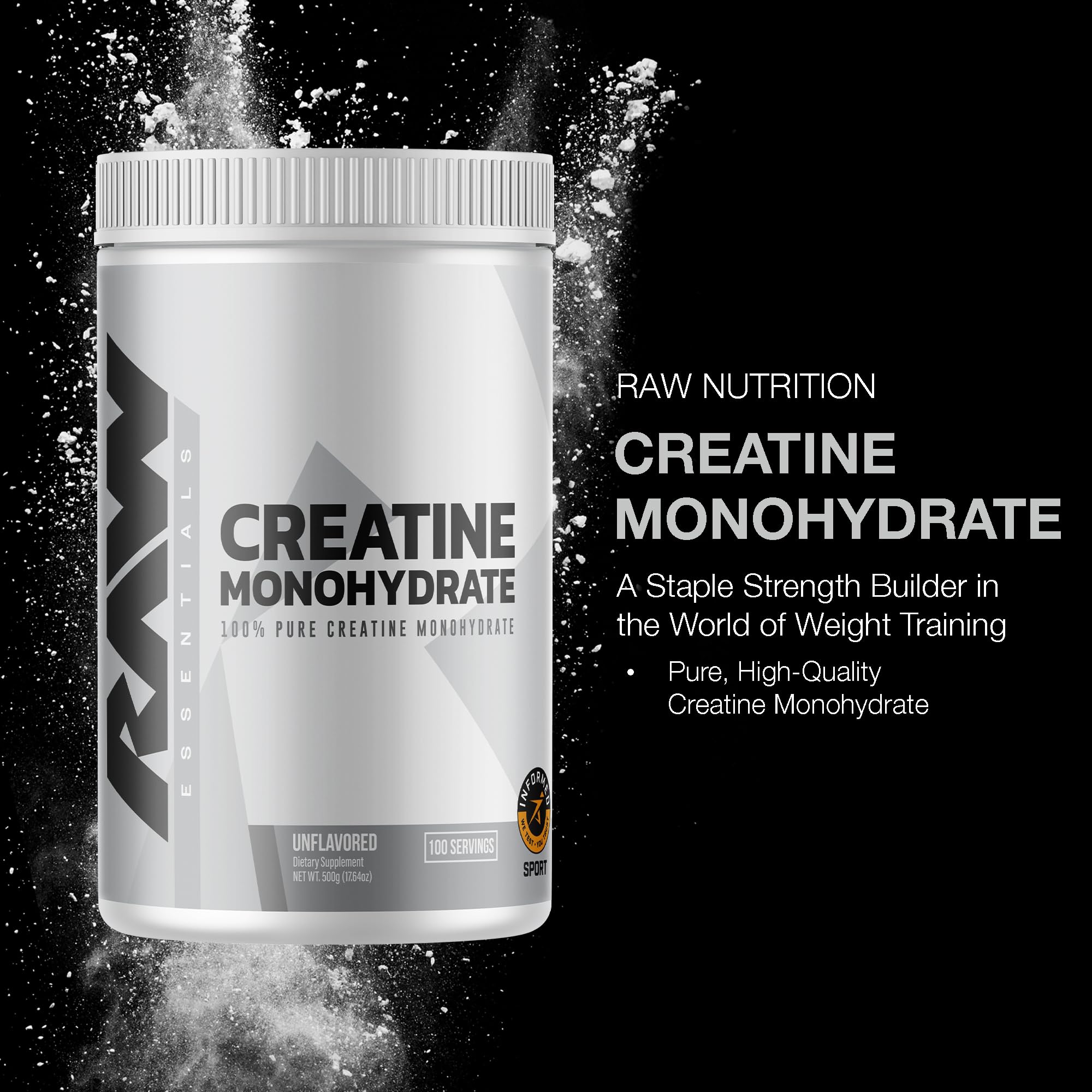 Measuring scoop with RAW Nutrition Creatine Monohydrate Powder