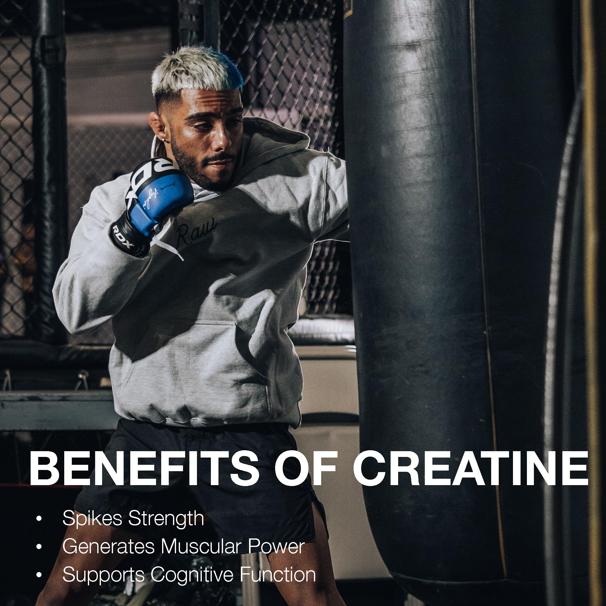 Product label on RAW Nutrition Creatine Monohydrate Powder bottle showing Made in USA and 100 servings