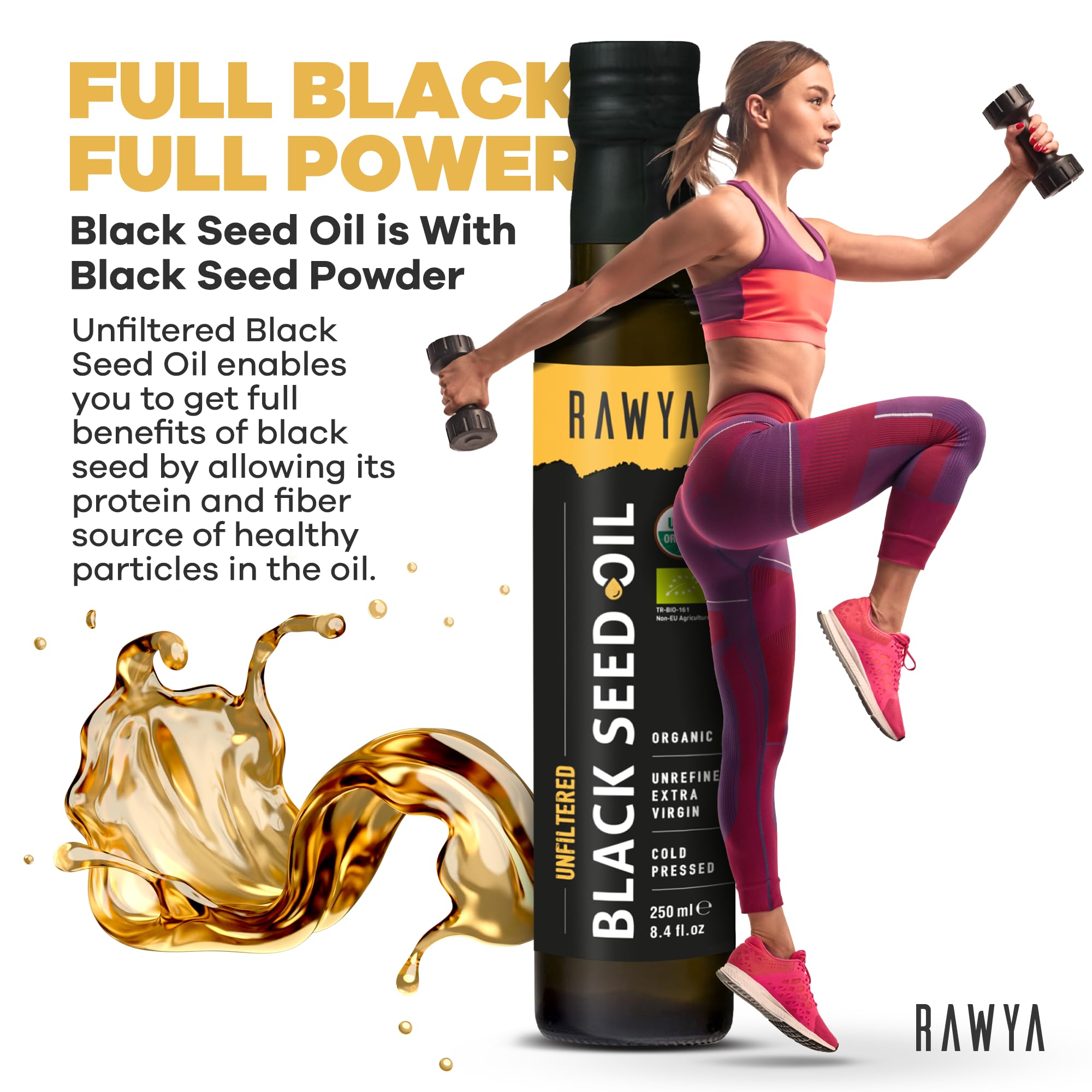 Label on RAWYA Black Seed Oil bottle showing USDA Organic seal