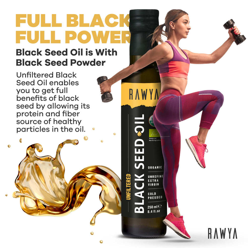 Label on RAWYA Black Seed Oil bottle showing USDA Organic seal