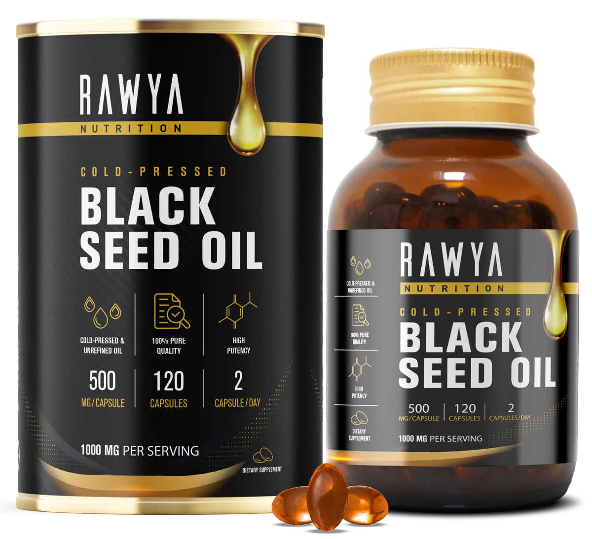 Front view of RAWYA black seed oil softgel capsules bottle