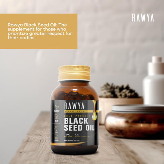 Close-up of RAWYA black seed oil softgel capsules