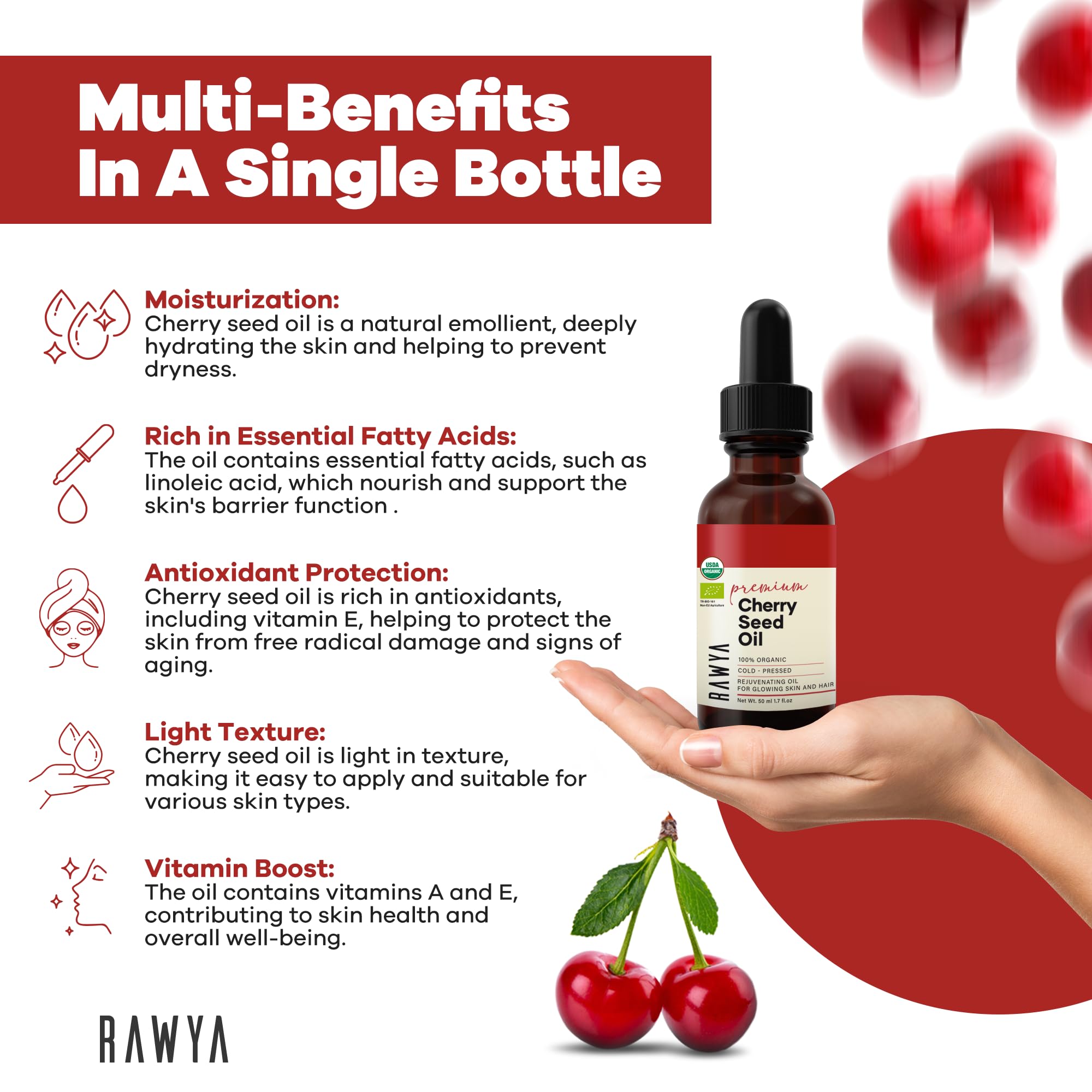 Packaging and branding of RAWYA Cherry Oil in glass bottle