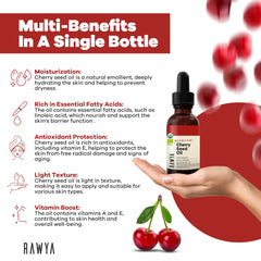 Packaging and branding of RAWYA Cherry Oil in glass bottle
