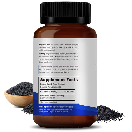 Close-up of RAWYA Black Seed Extract bottle label