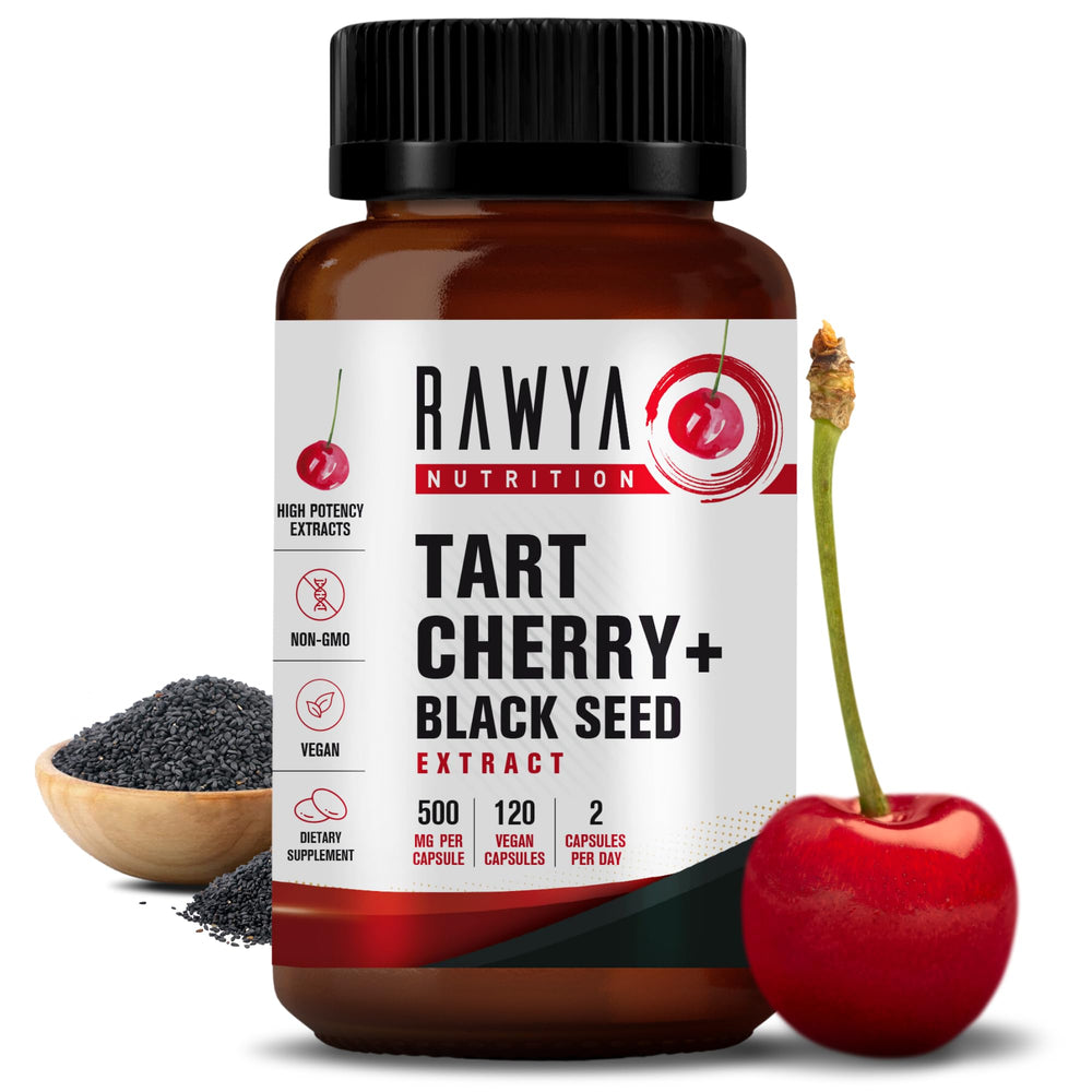 Bottle of RAWYA Tart Cherry Extract with Black Seed Oil (Nigella Sativa) capsules