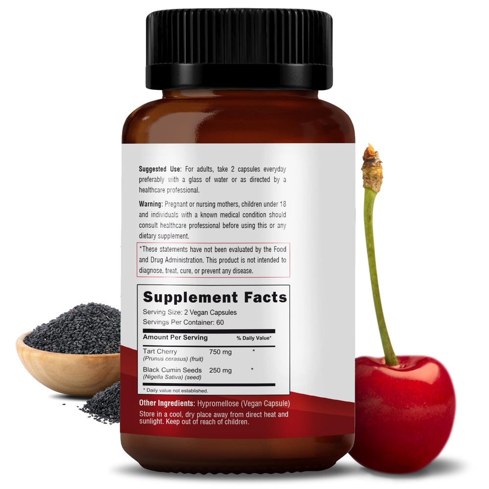 Close-up of RAWYA Tart Cherry & Black Seed Oil 500mg capsule