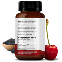 Close-up of RAWYA Tart Cherry & Black Seed Oil 500mg capsule