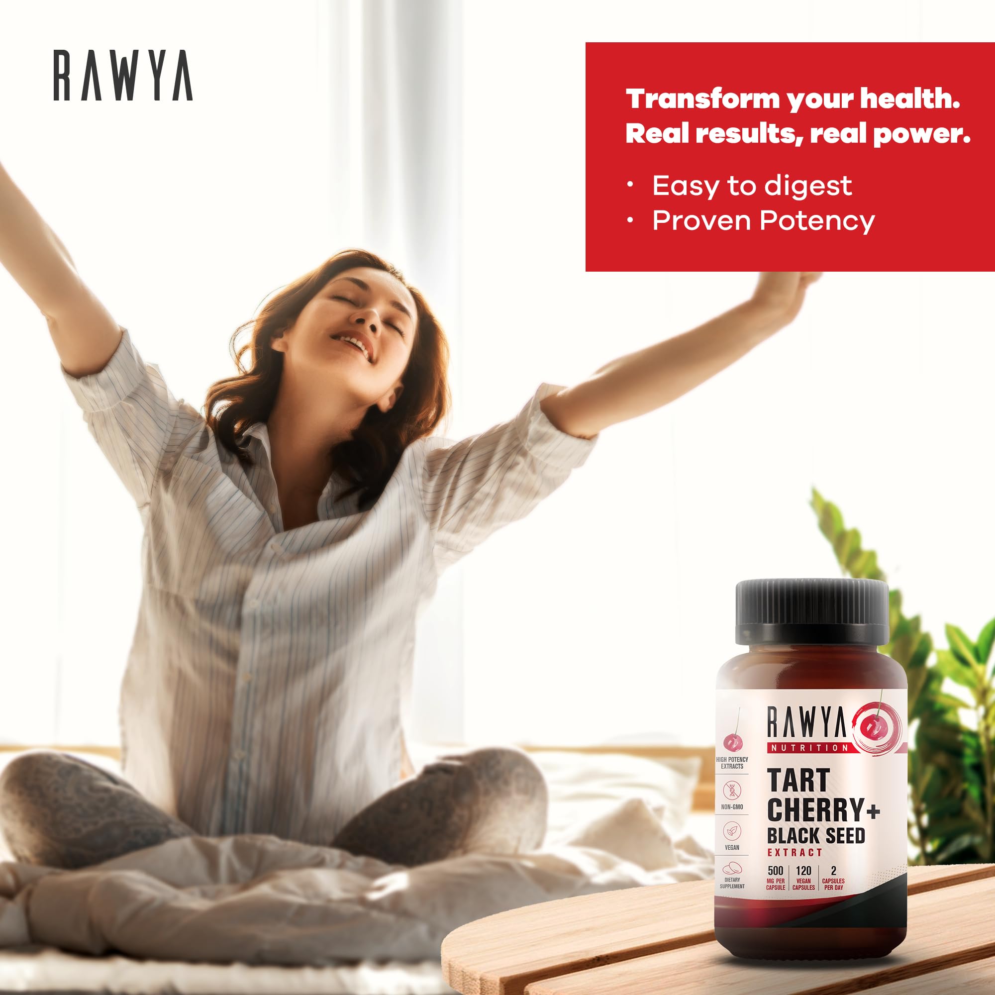 RAWYA gluten-free vegan Tart Cherry and Black Seed Oil capsules packaging