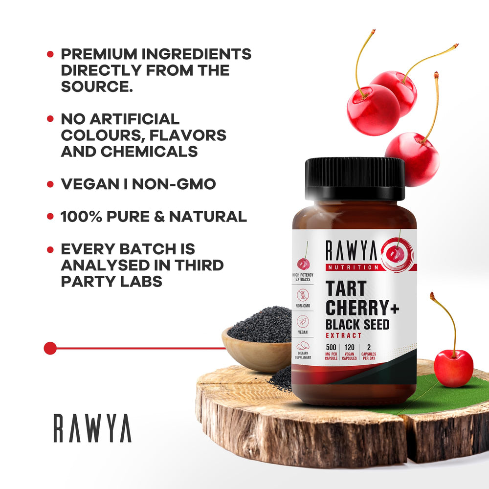 Two-month supply: 120-count bottle of RAWYA Tart Cherry & Black Seed Oil capsules