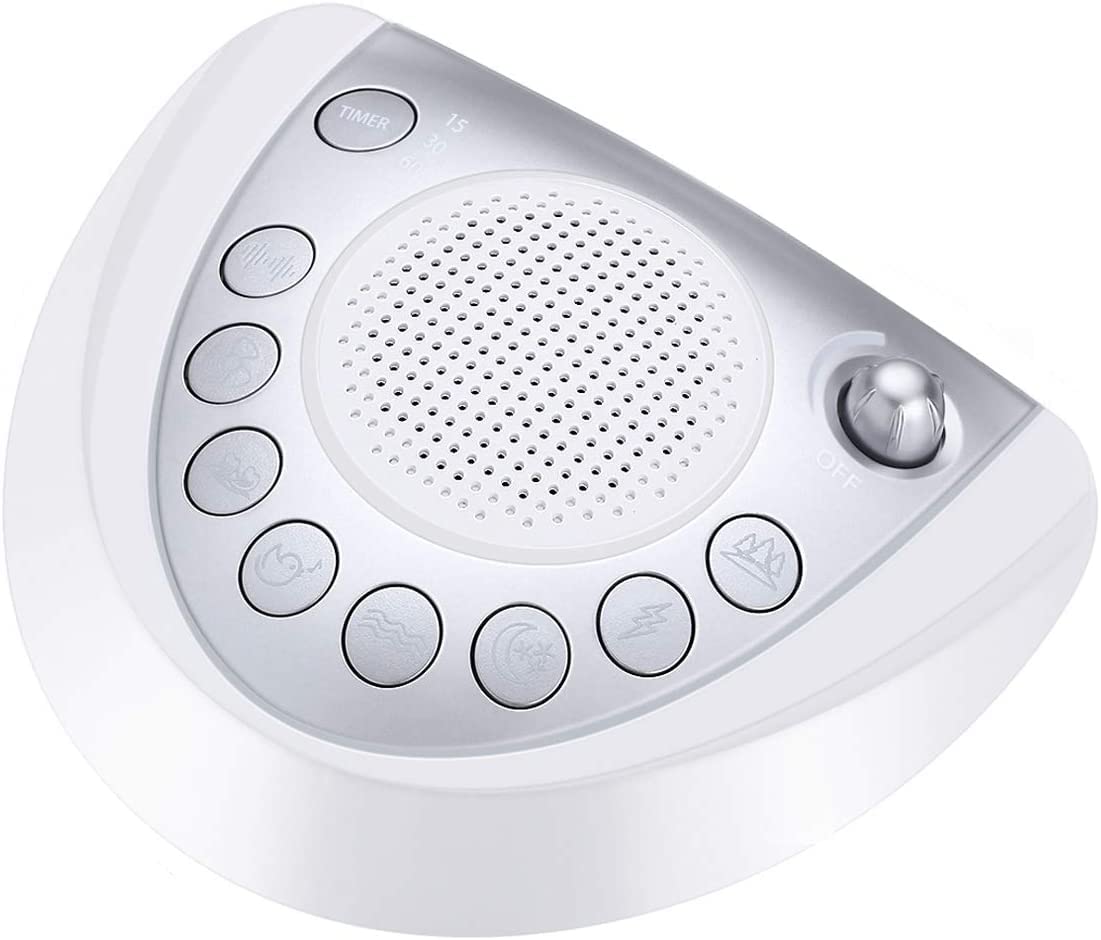 Raynic white noise machine silver front view highlights portable sleep aid for travelers
