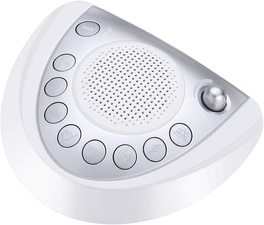 Raynic white noise machine silver front view highlights portable sleep aid for travelers