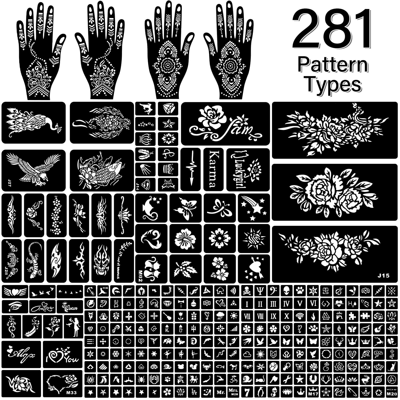 RAZET henna stencils words symbols for personalized temporary tattoos.