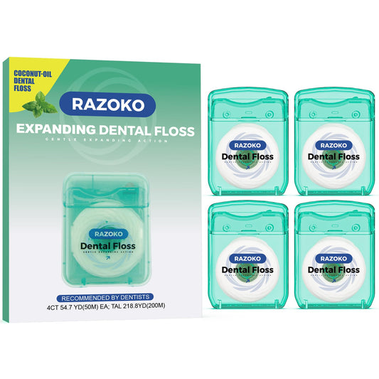 Razoko coconut oil expanding dental floss Mint flavor box front