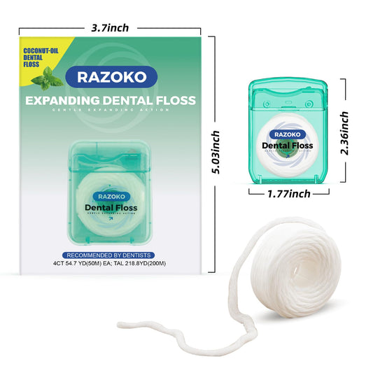 Close-up of expanding dental floss in action