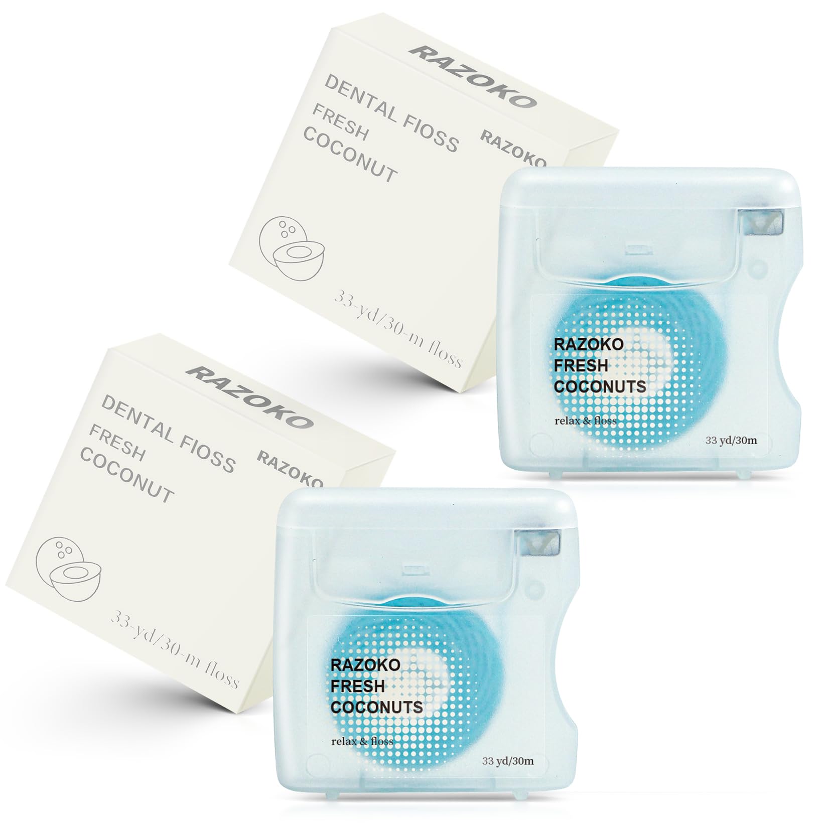 razoko coconut oil infused woven dental floss 2-unit pack front