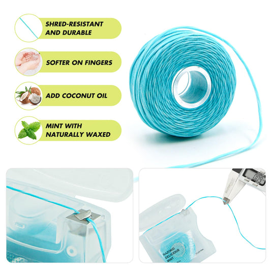 Close-up of coconut oil infused woven dental floss fibers