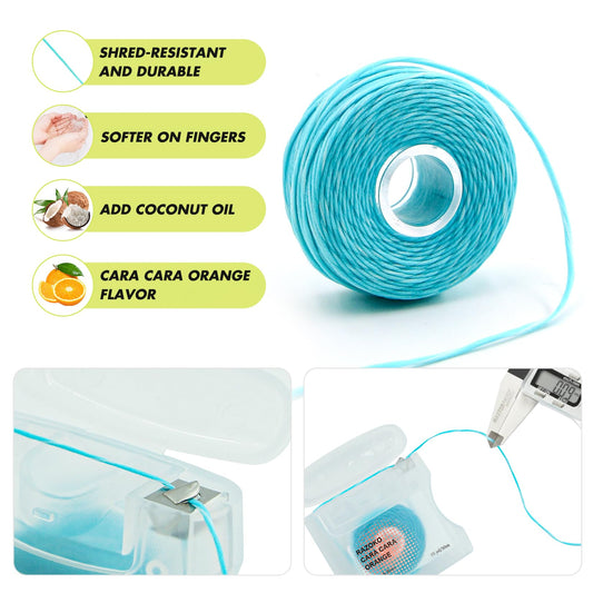 Close-up of coconut oil infused woven dental floss strands