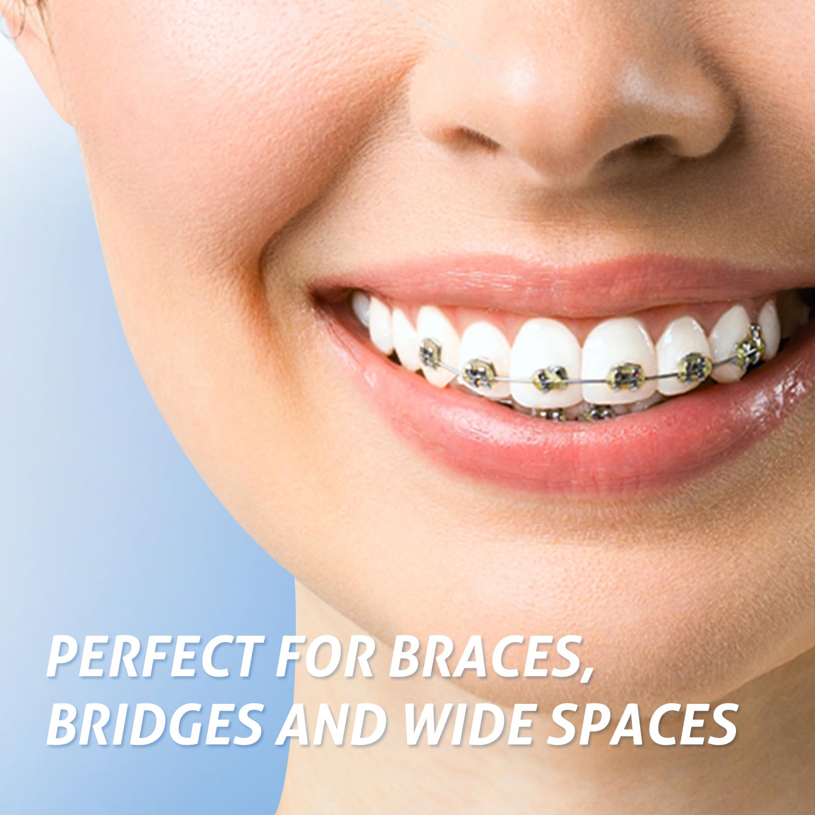 Dental floss designed for braces, bridges, and implants around brackets