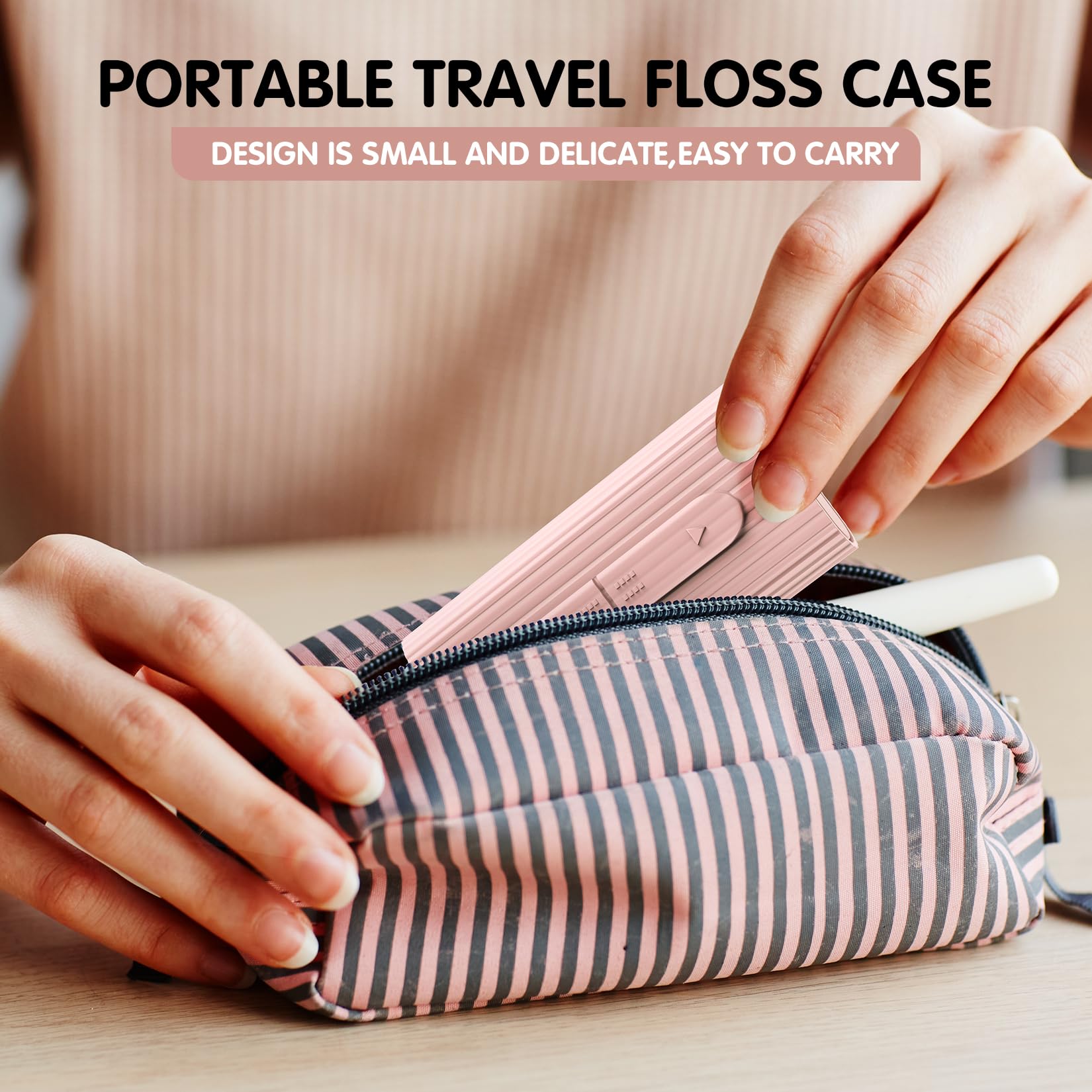 Small travel floss case tucked in a pocket or bag
