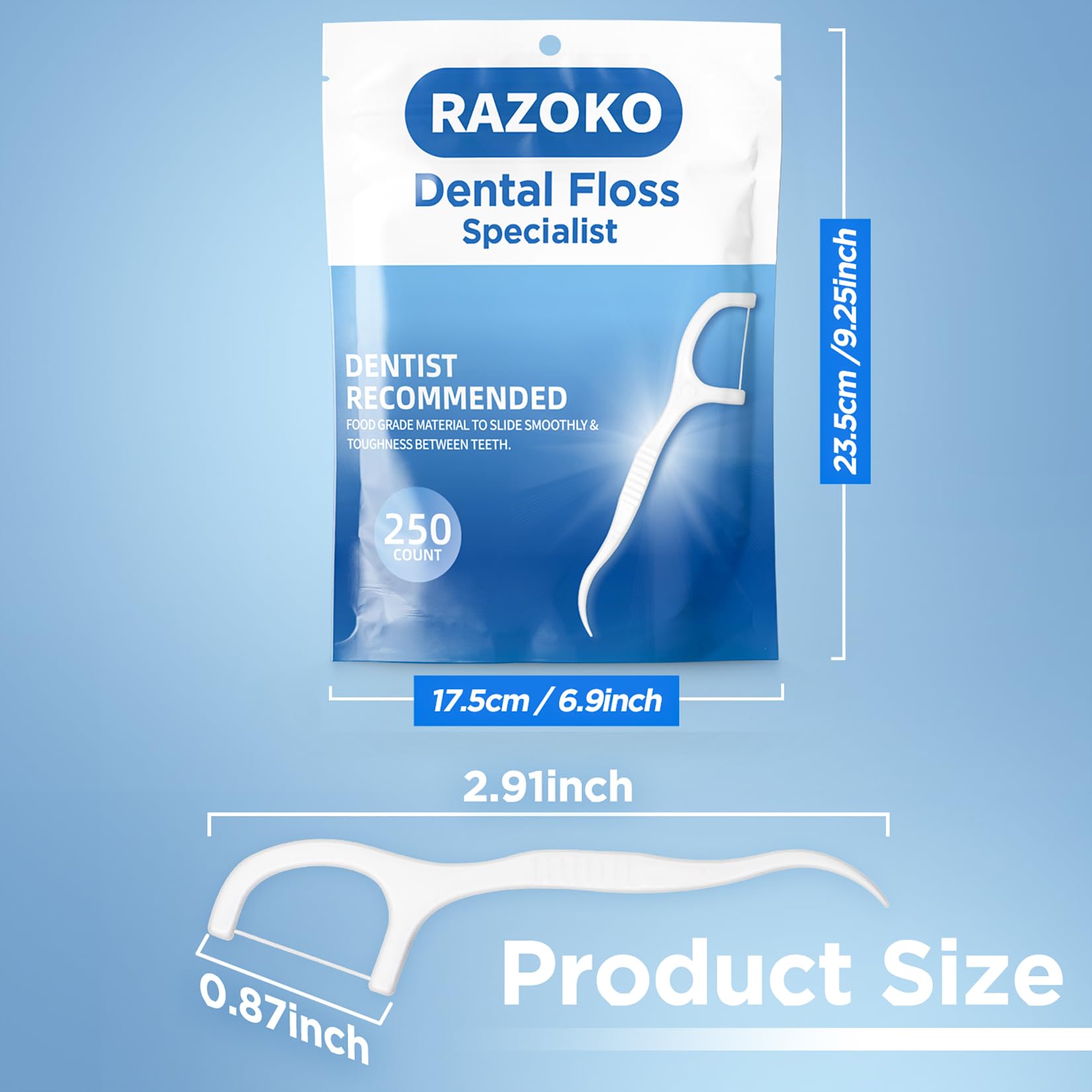Close-up of unflavored polymer floss and durable non-slip handle