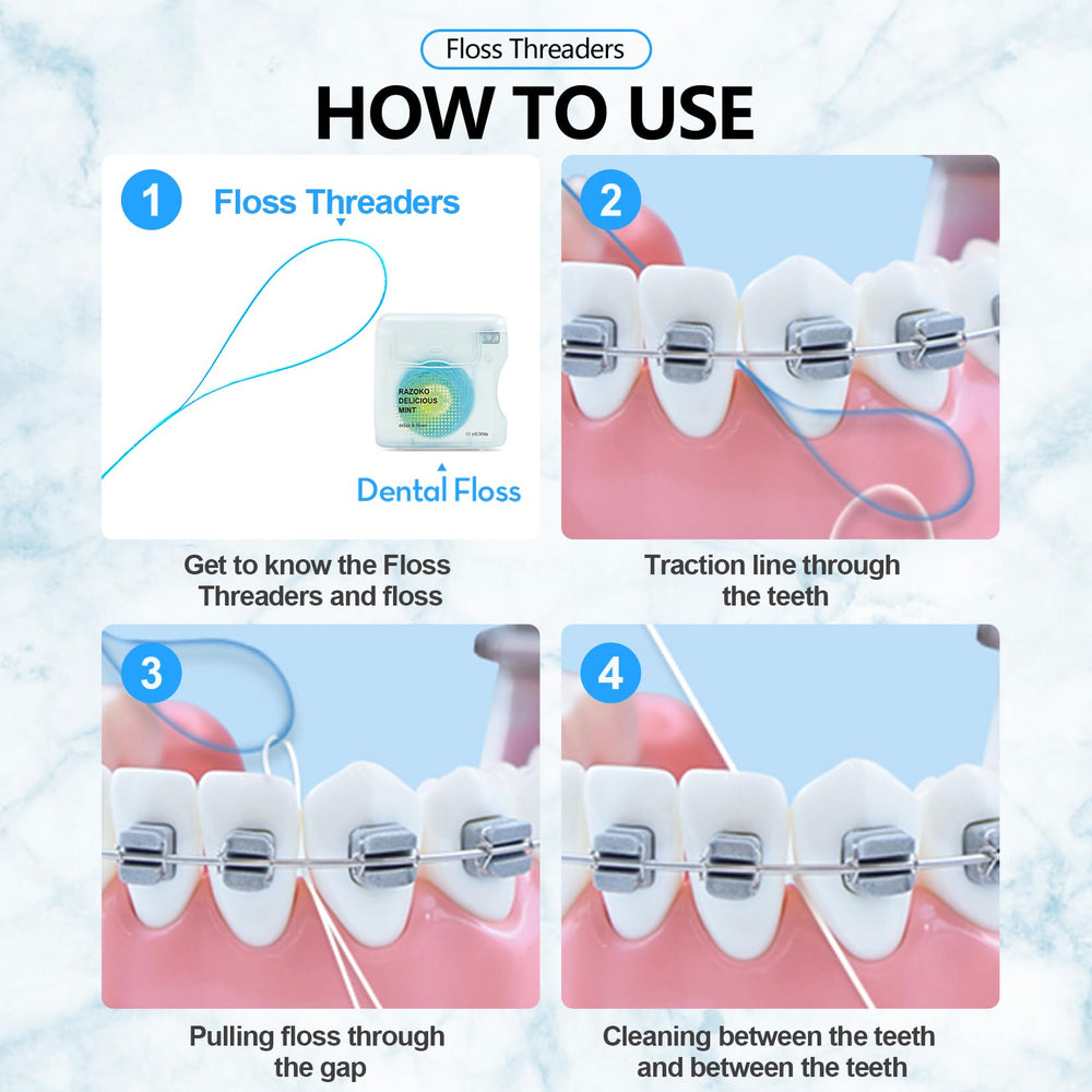 Close-up of floss threader threading under dental implants