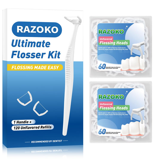 RAZOKO Ultimate Flosser Kit with 1 handle and 120 extra strength refills - front view