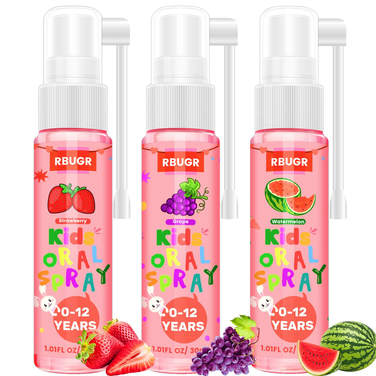 Front pack shot of RBUGR Kids Oral Spray with three flavors