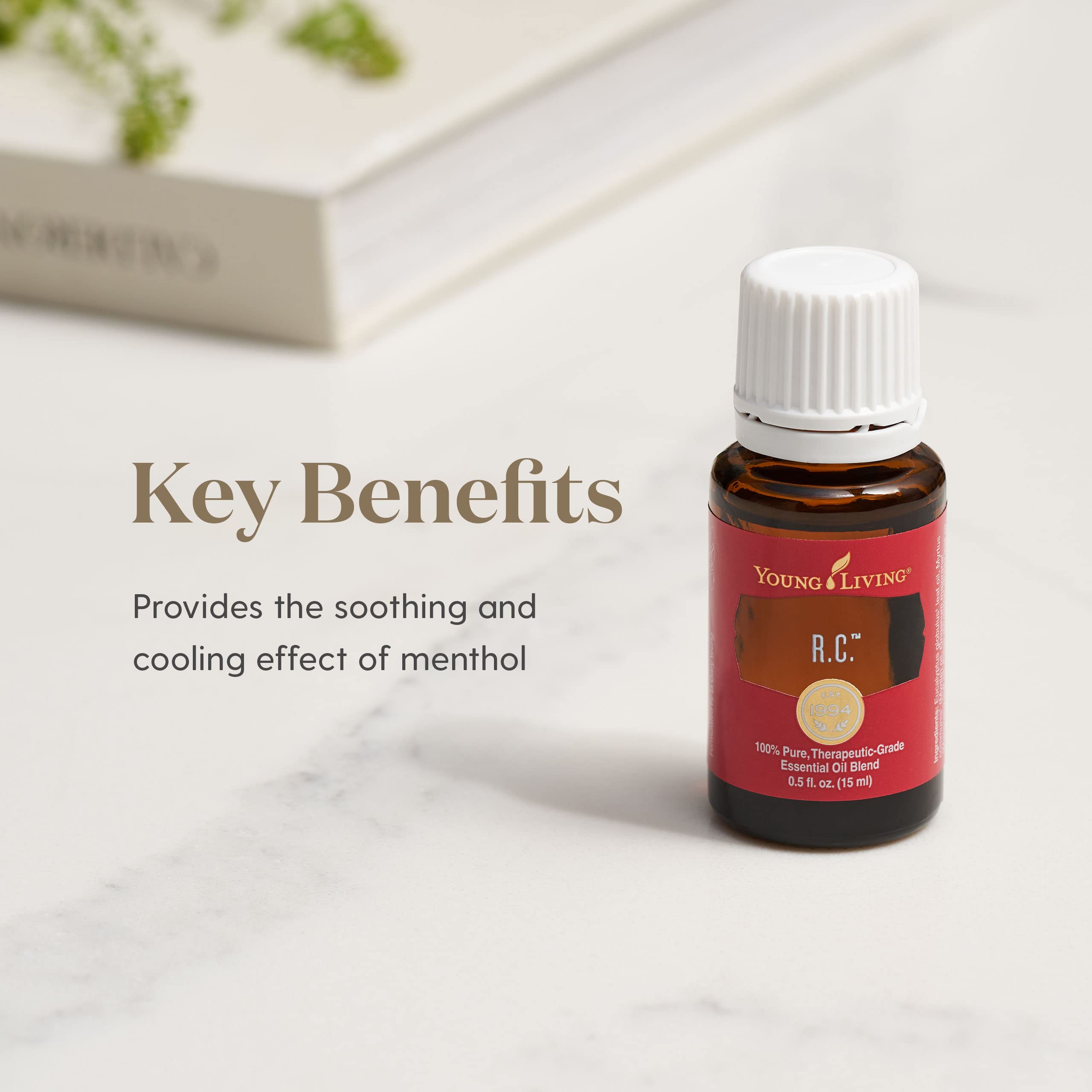 Close-up of Young Living R.C. Essential Oil 15ml bottle