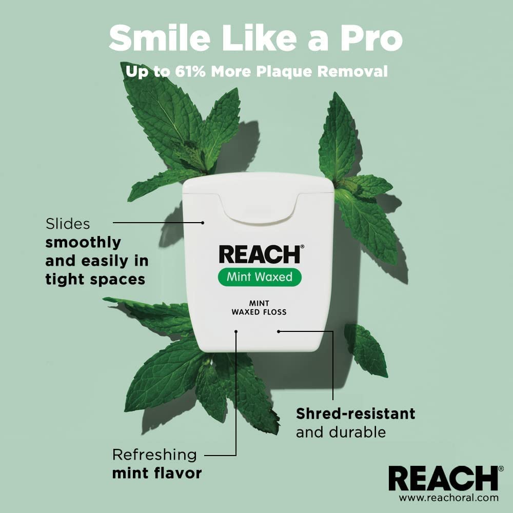 Graphic showing 55 yd length on Reach dental floss packaging