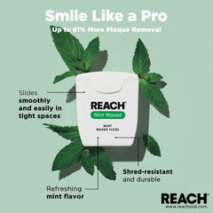 Graphic showing 55 yd length on Reach dental floss packaging