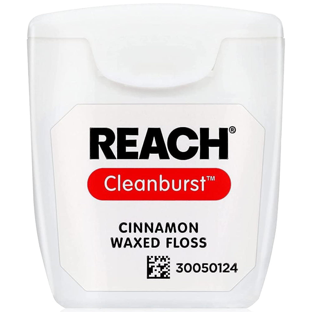 Close-up of Reach Cleanburst Cinnamon Waxed Dental Floss 55-yard dispenser