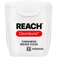 Close-up of Reach Cleanburst Cinnamon Waxed Dental Floss 55-yard dispenser