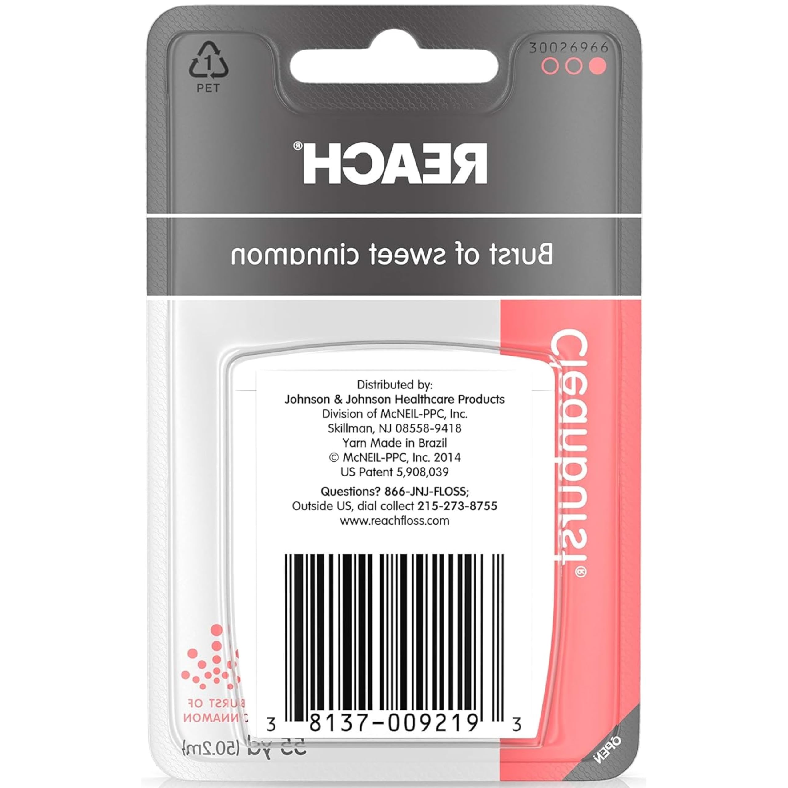 Brand logo and cinnamon-flavored Reach Cleanburst dental floss