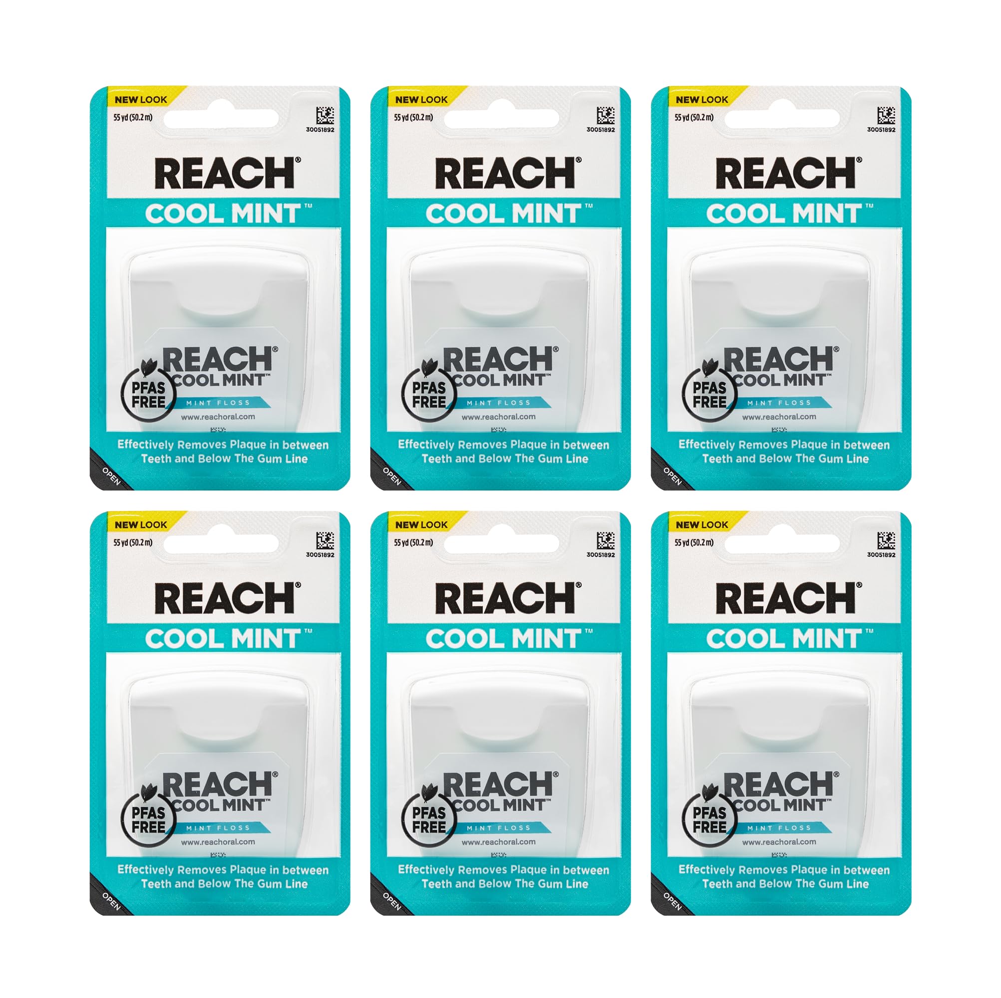 Front view of REACH Cool Mint Dental Floss 6-pack 55 yd