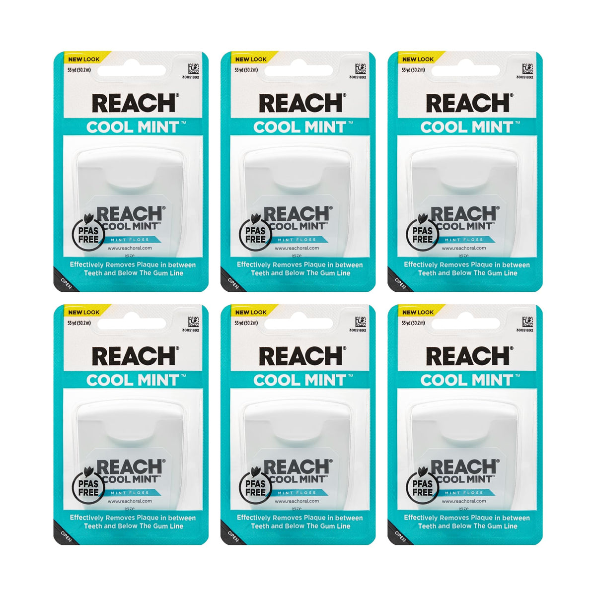 Front view of REACH Cool Mint Dental Floss 6-pack 55 yd