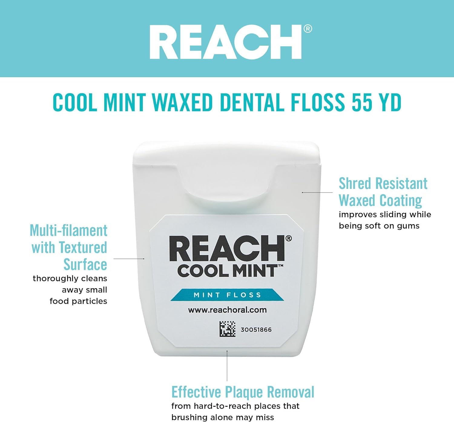 Single strand of REACH Cool Mint floss highlighting smooth glide
