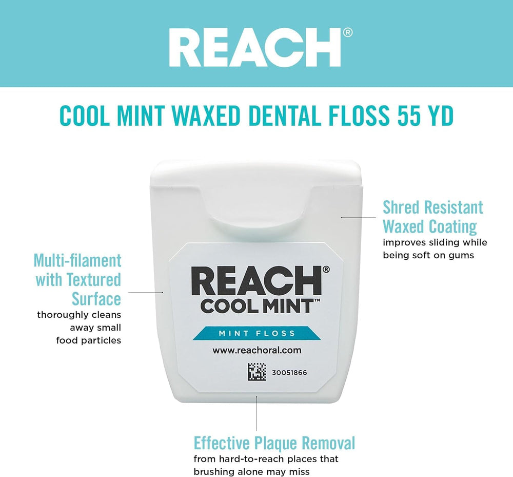 Single strand of REACH Cool Mint floss highlighting smooth glide