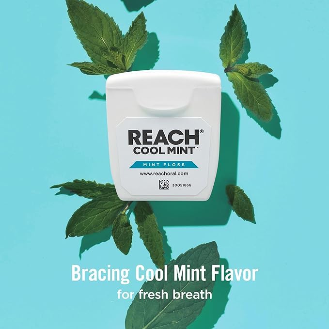 Healthy smile featuring REACH Cool Mint dental floss six-count pack