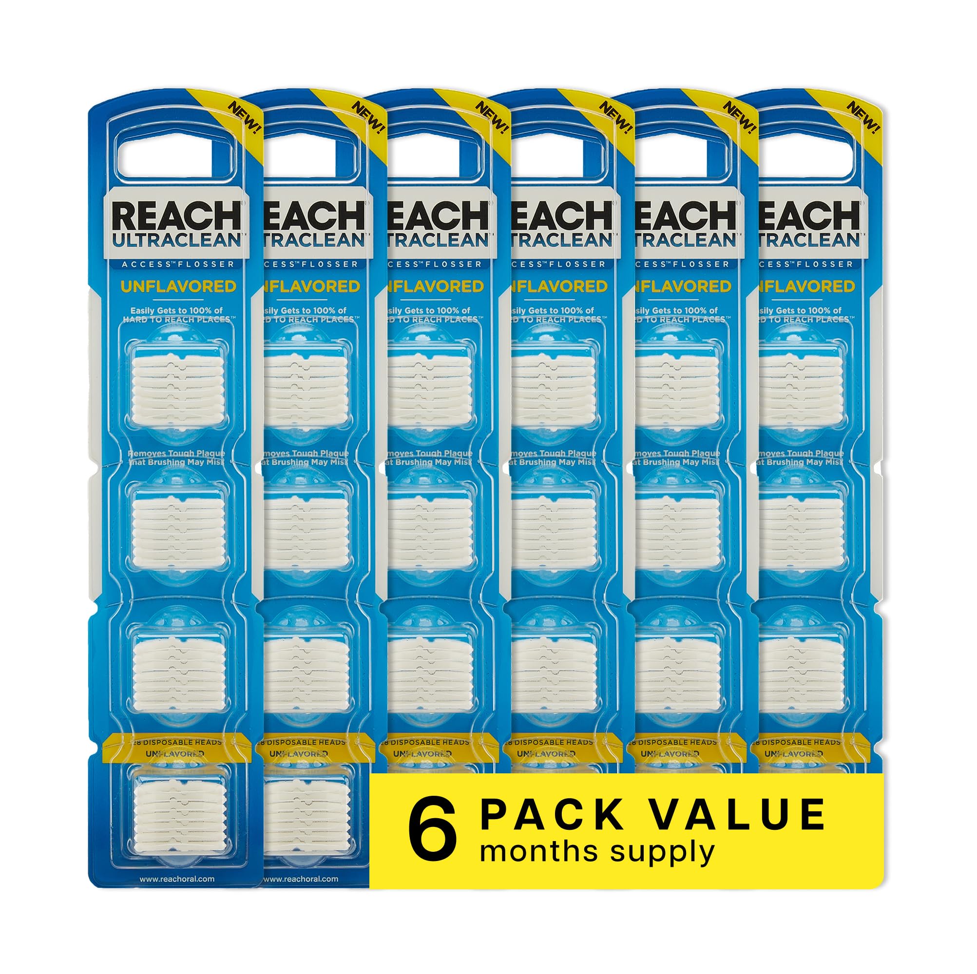 Front view of REACH Ultraclean Access Flosser refill heads 28-count package