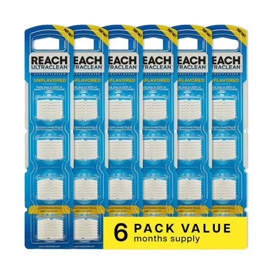 Front view of REACH Ultraclean Access Flosser refill heads 28-count package