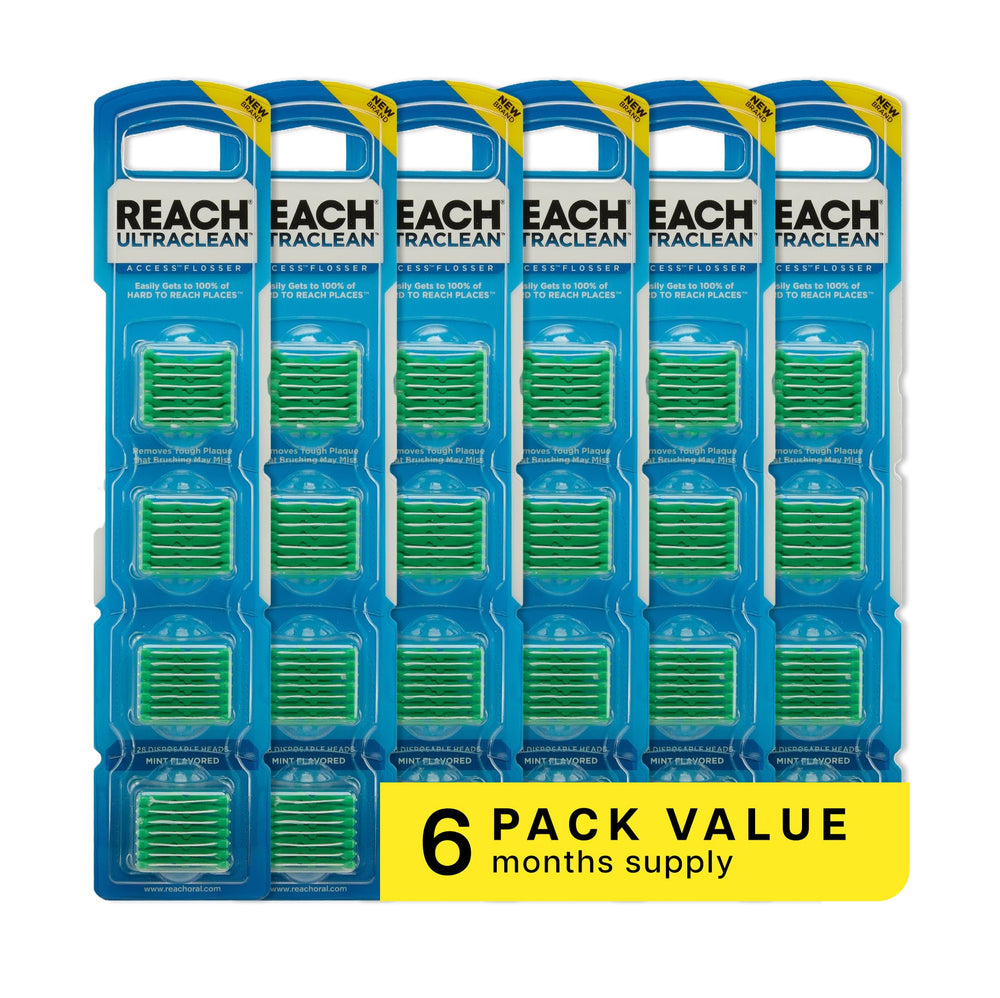 REACH Ultraclean Access Flosser refill heads mint packaging and 6-pack
