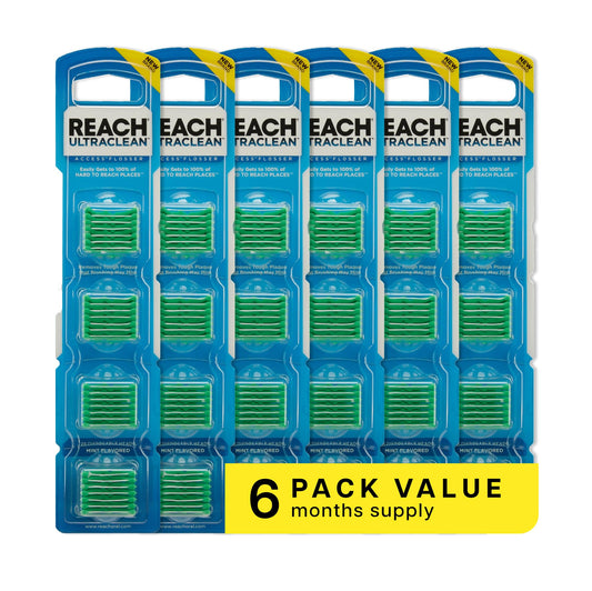 REACH Ultraclean Access Flosser refill heads mint packaging and 6-pack